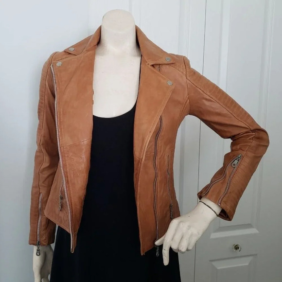 BNWT Stradivarius  Sheep Leather Motorcycle style Fitted Brown Jacket Small - Picture 4 of 14